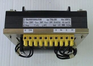Transformator oddzielający TMa 650VA  230V // 36V - 10A (360VA) / 19V - 15,26A (290VA) - 3